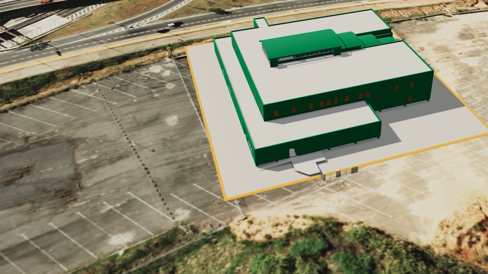 Maquete BIM de uma unidade de saúde sobre a ortofoto, com as peças já medidas pintadas de verde